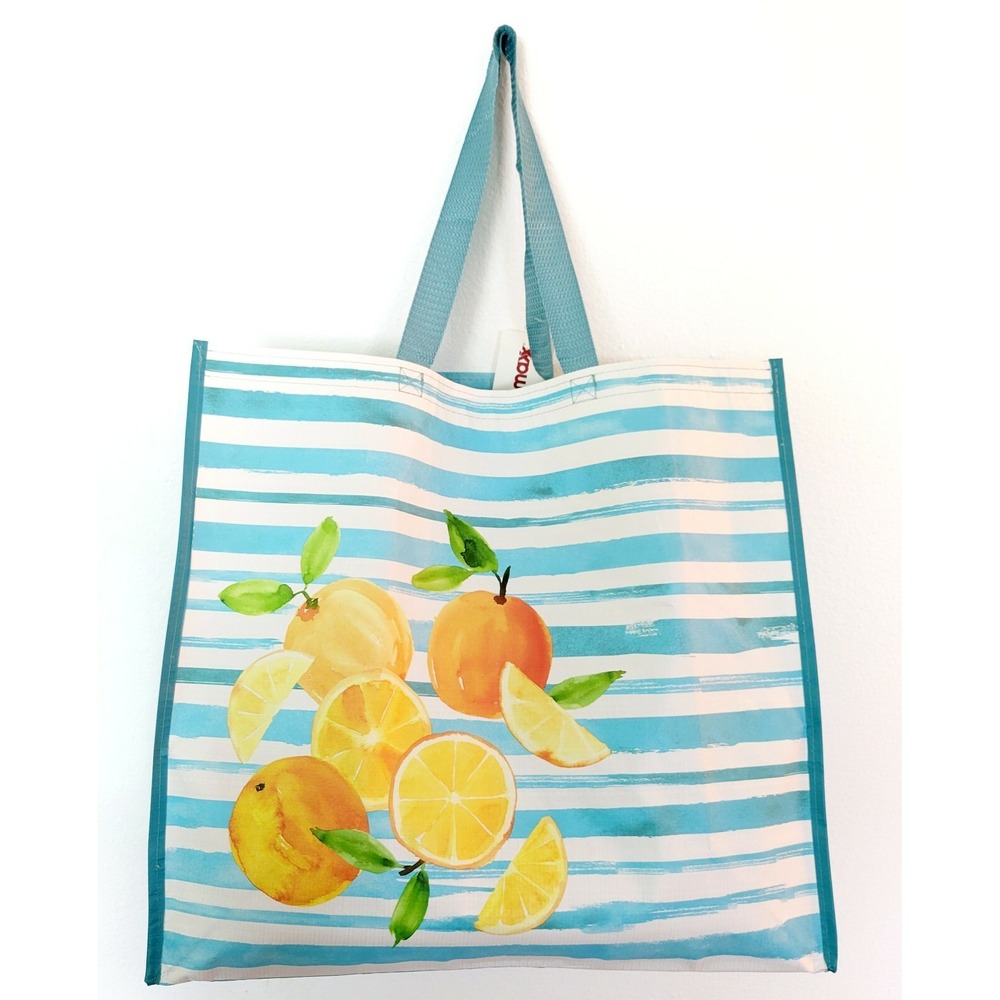 Shopping Gift Bag Fruit Citrus Oranges Lemons Blue Stripes Reusable Tote TJMaxx